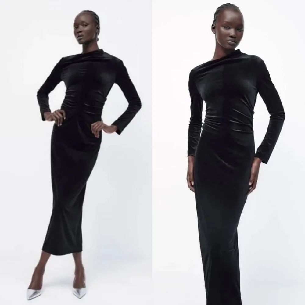Zara Draped velvet black dress - REF. 9095/987 M